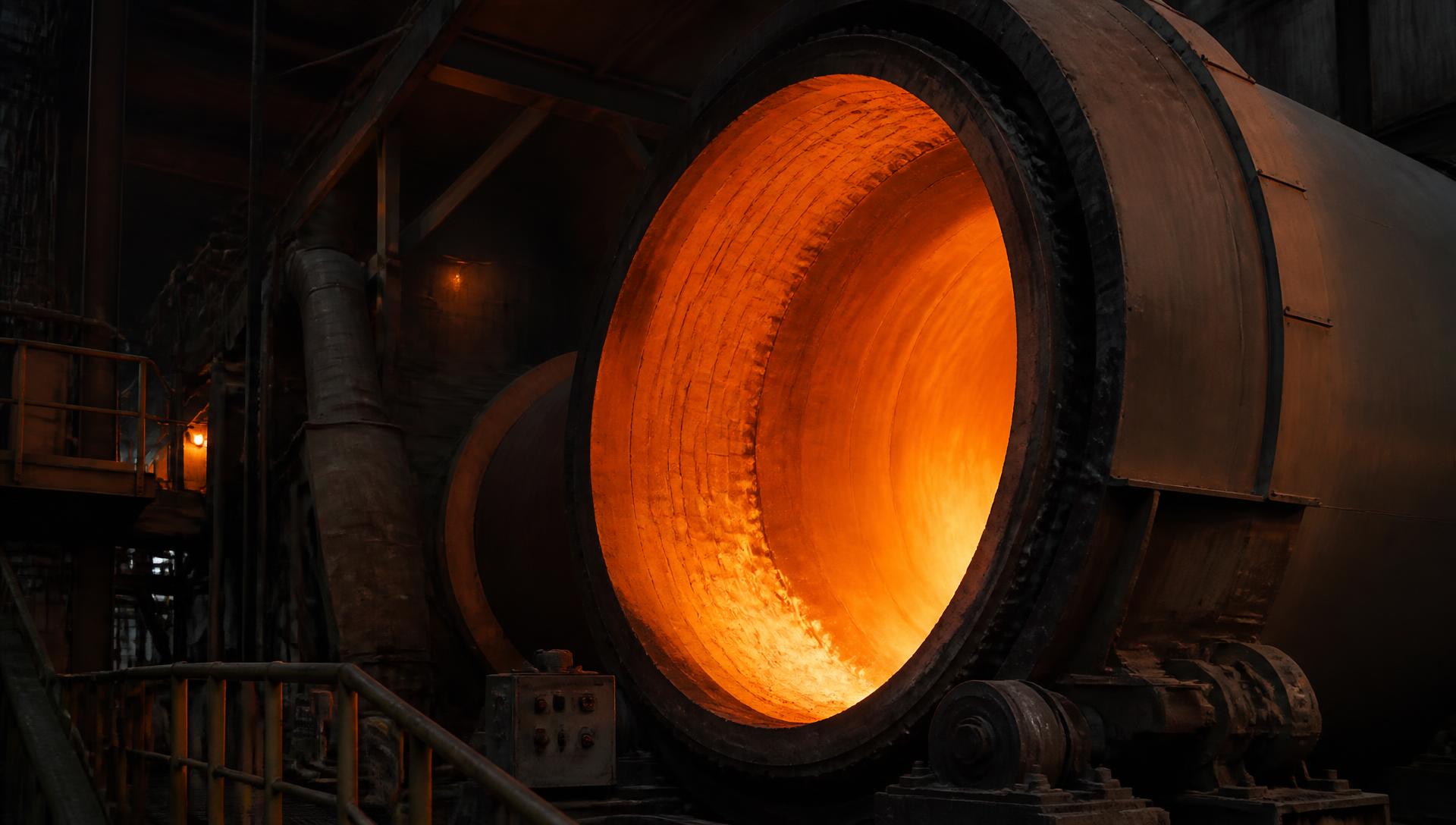 Rotary kiln interior with glowing refractory brick lining